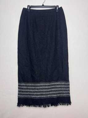 Michele Vintage Wool Blend Dark Gray Skirt Midi Fringe Size 12 Cottage Boho